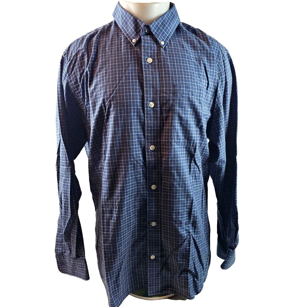 Duluth Trading Shirt Mens Large Blue Plaid Button Down Outdoors Cotton Trim Fit